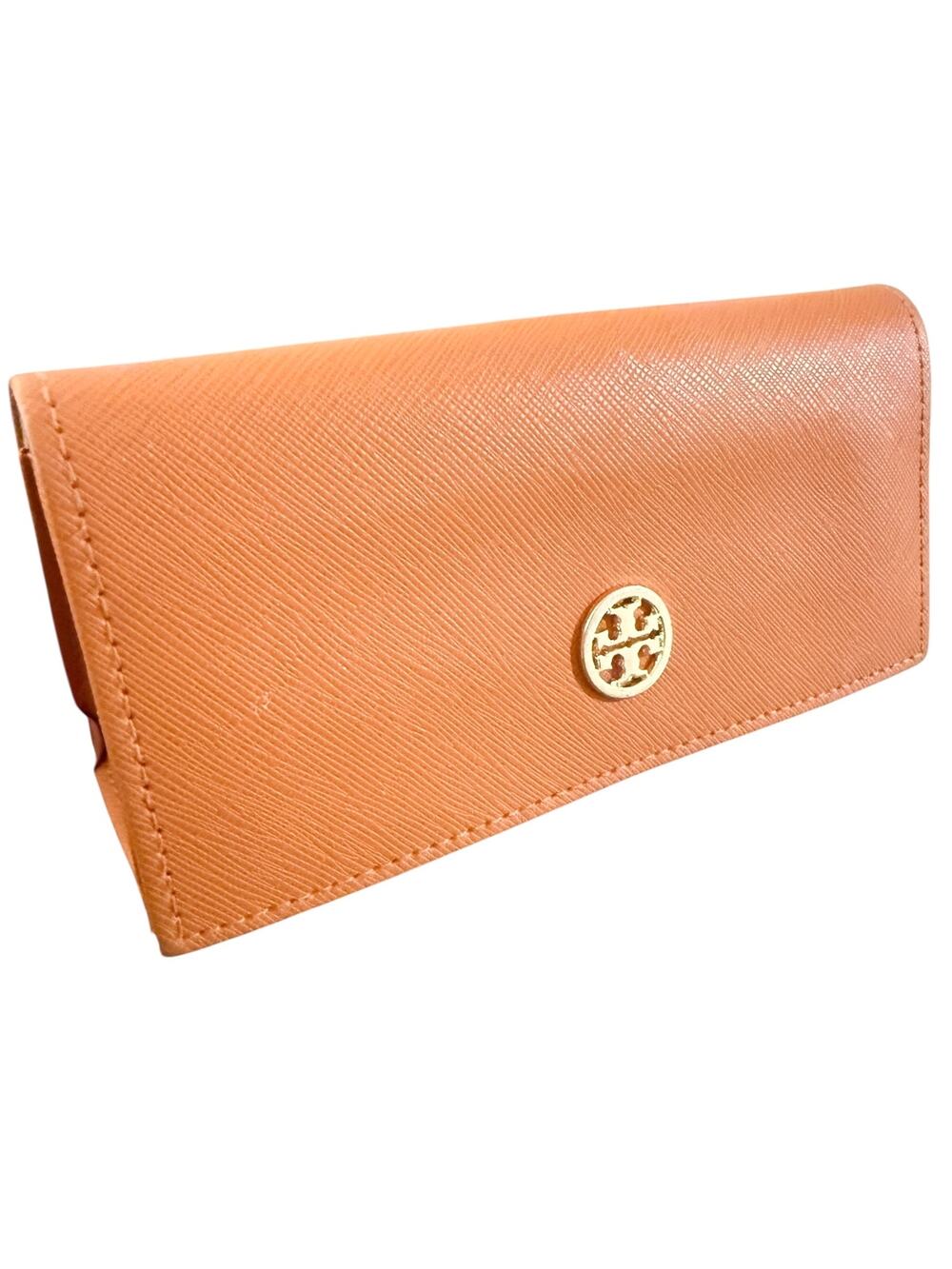 Tory Burch Orange Saffiano Leather Eyeglasses Case Gold Logo Slim Hard Case